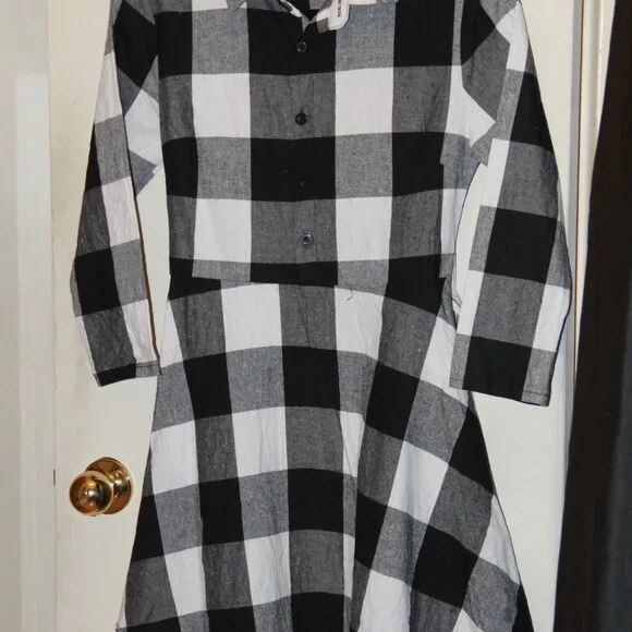 🏁 Checker black & white Petite fit long sleeve cotton dress with Buttons +belt - Picture 5 of 8